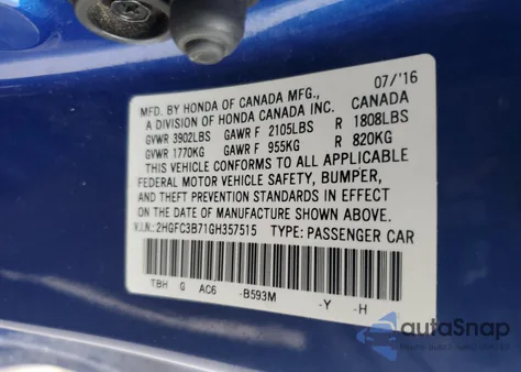 2016 Honda Civic Exl from USA, damaged, VIN 2HGFC3B71GH357515